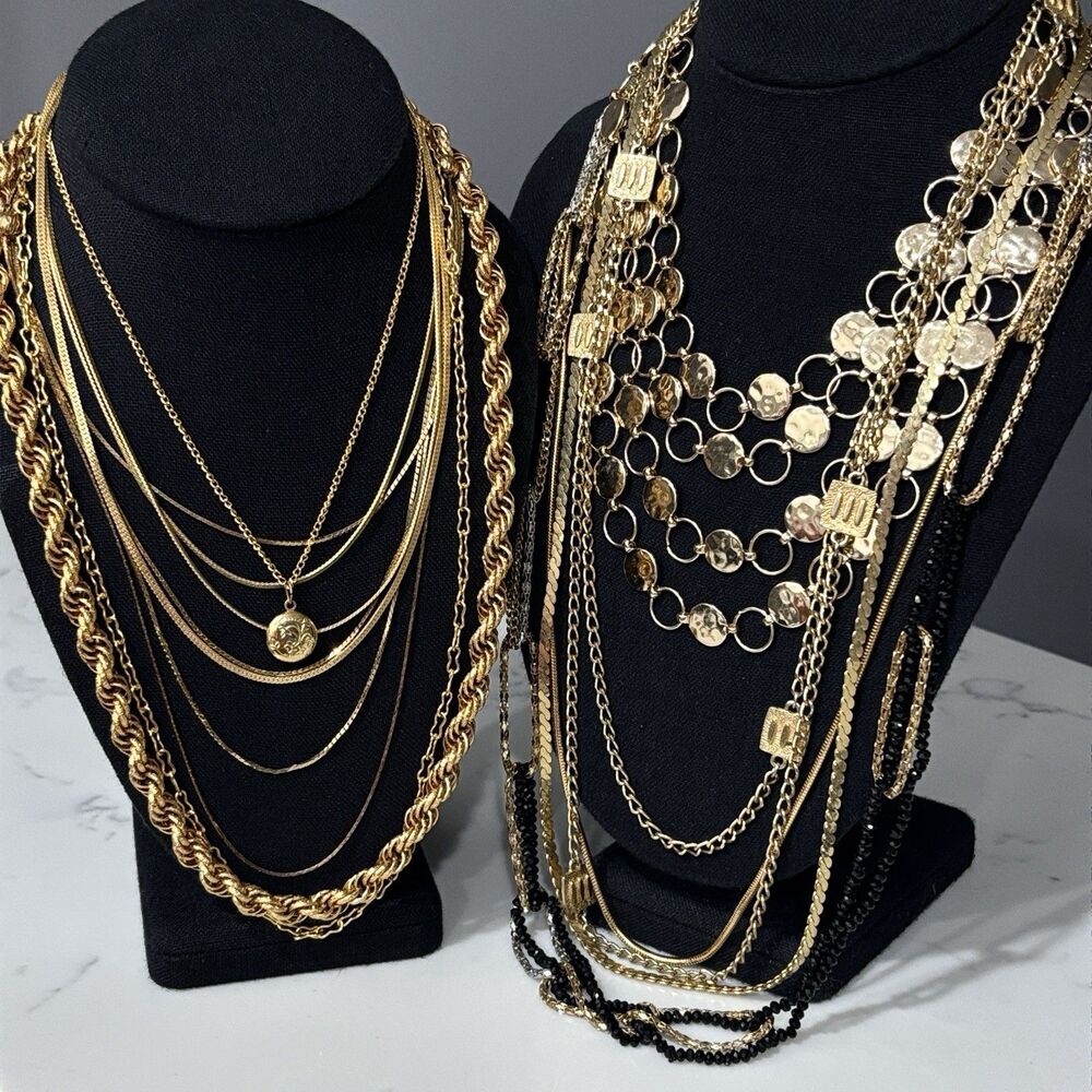 Gold Tone Chain Necklace Lot Vintage Modern Locket Chunky Dainty Some Signed